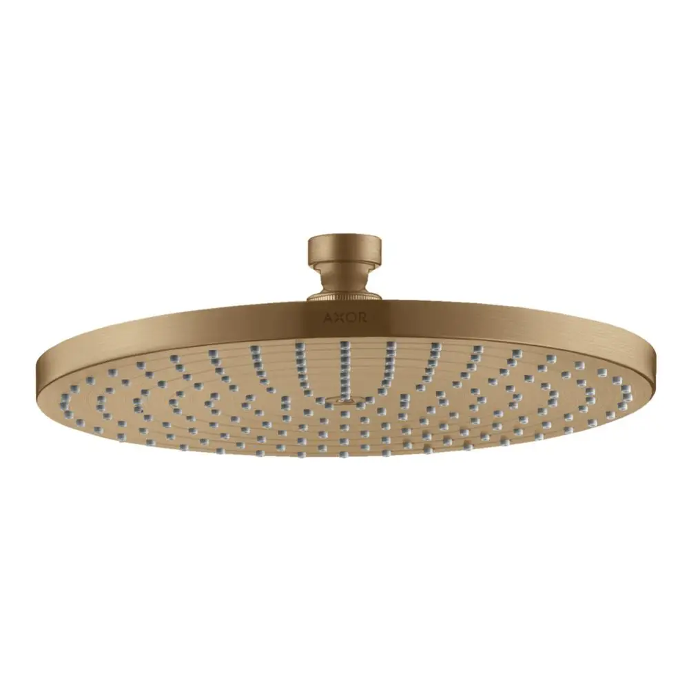 Runde Kopfbrause aus gebürstetem Bronze mit gleichmäßig verteilten Wasserstrahlen, markiert mit AXOR, einfaches und funktionales Design.